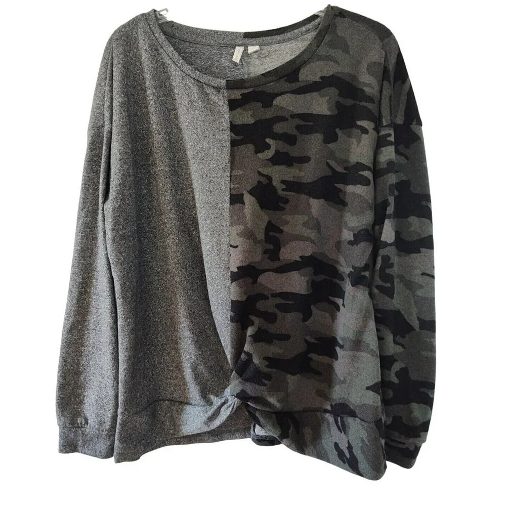 Cato Grey Green Black Camo Knit Top Women Size L Twist Front Long Sleeve